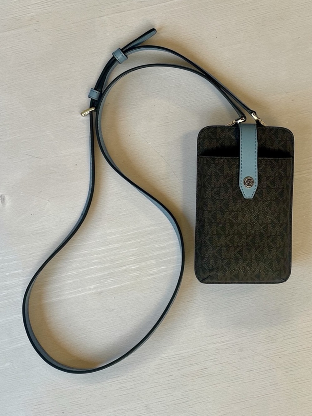 Michael Kors Brown and Black Signature Phone Bag With Blue Accent